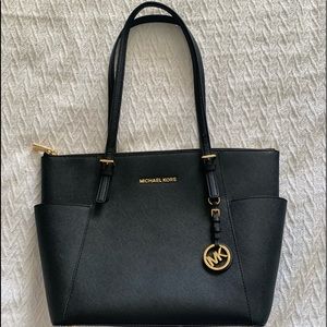 Michael Kors black leather zip tote bag